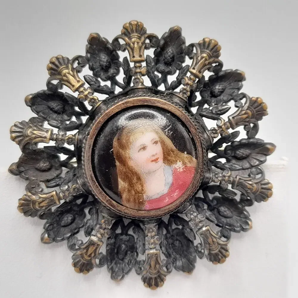 Antique Edwardian Portrait Brooch, C Clasp, Brass Filigree, Early 1900s